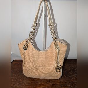 Michael Kors Fulton Tan Woven Straw With Gold Accents Hobo Bag